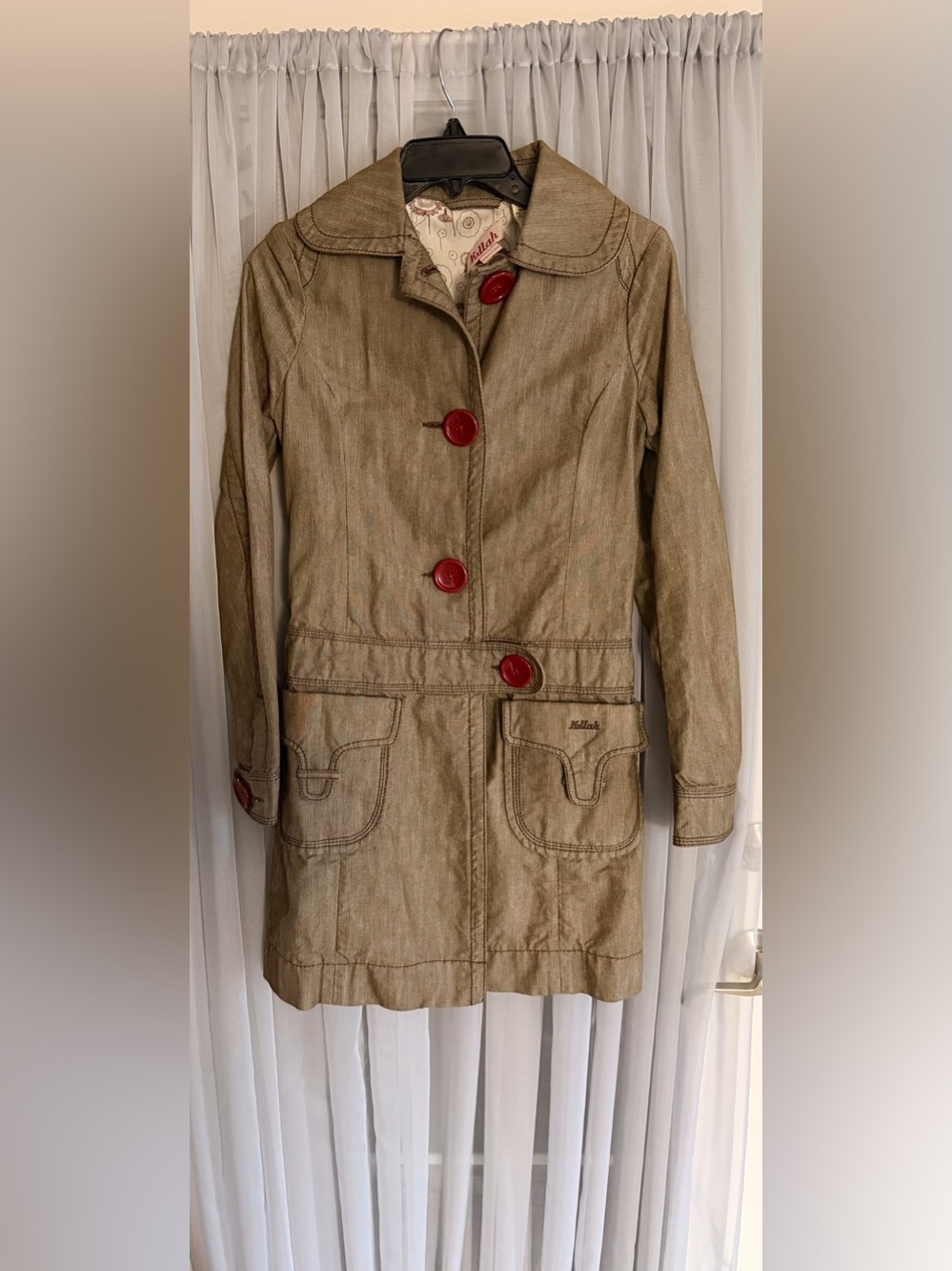 Killah By Miss Sixty Y2K Beige Trench Coat with Red Button Detail Small